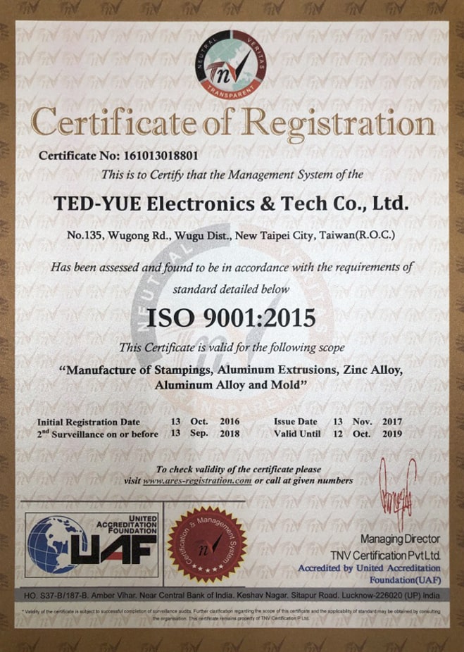 ISO9001:2015 Manufacture of Stamping, Aluminum Extrusion, Zinc Alloy, Aluminum Alloy and mold
